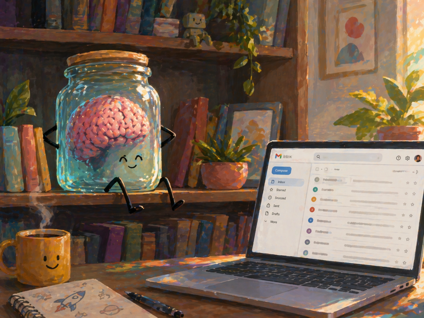 Illustration of a smiling brain in a glass jar beside a laptop inbox